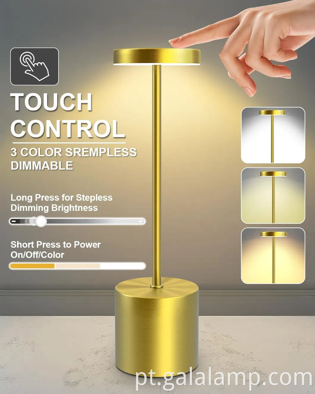 Lâmpada de mesa LED movida a bateria recarregável - 3 luz diminuído de cores